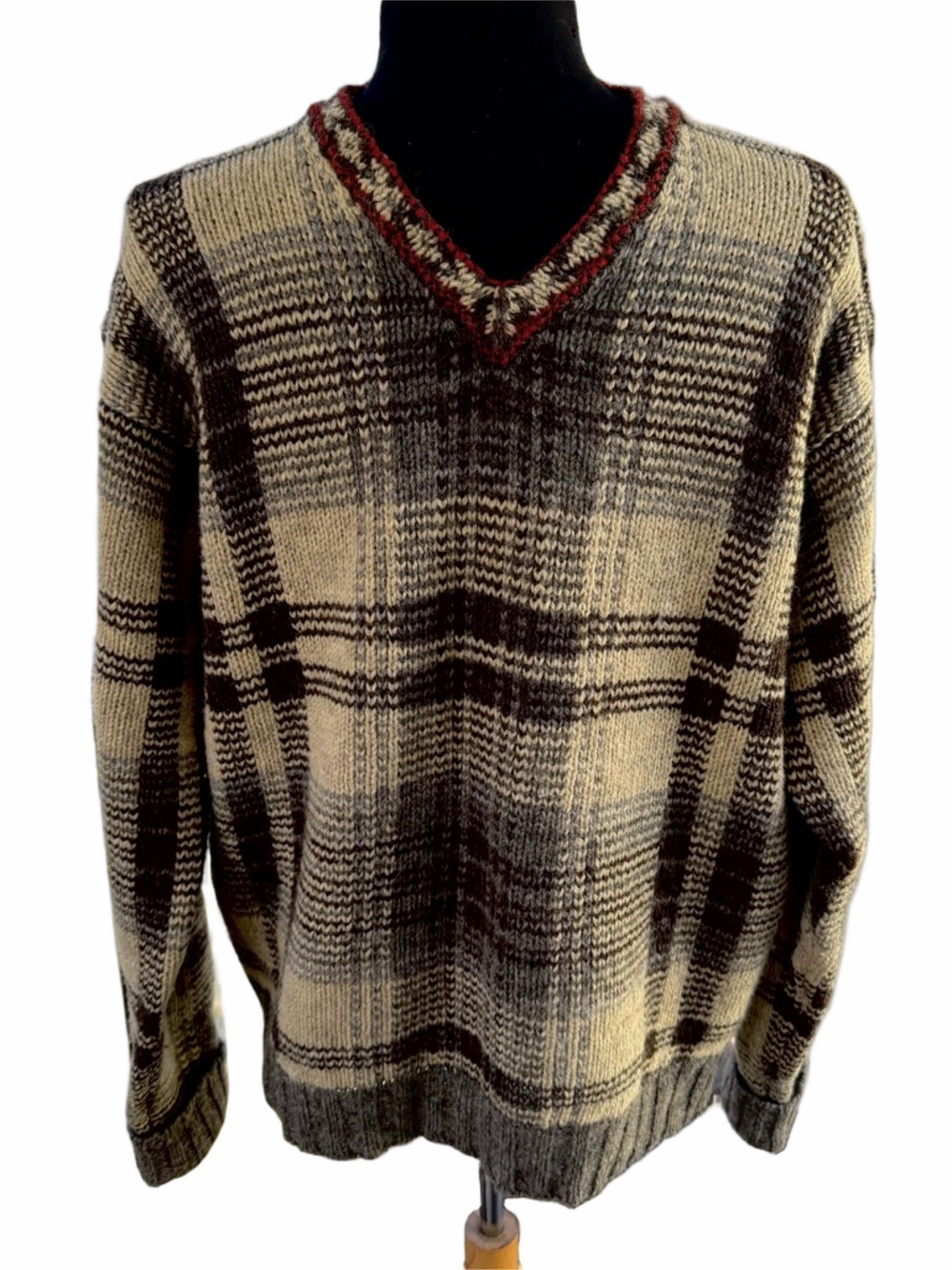 Vintage 90’s Polo Ralph Lauren Large Wool Plaid Sweater VNeck 1995 New Old Stock
